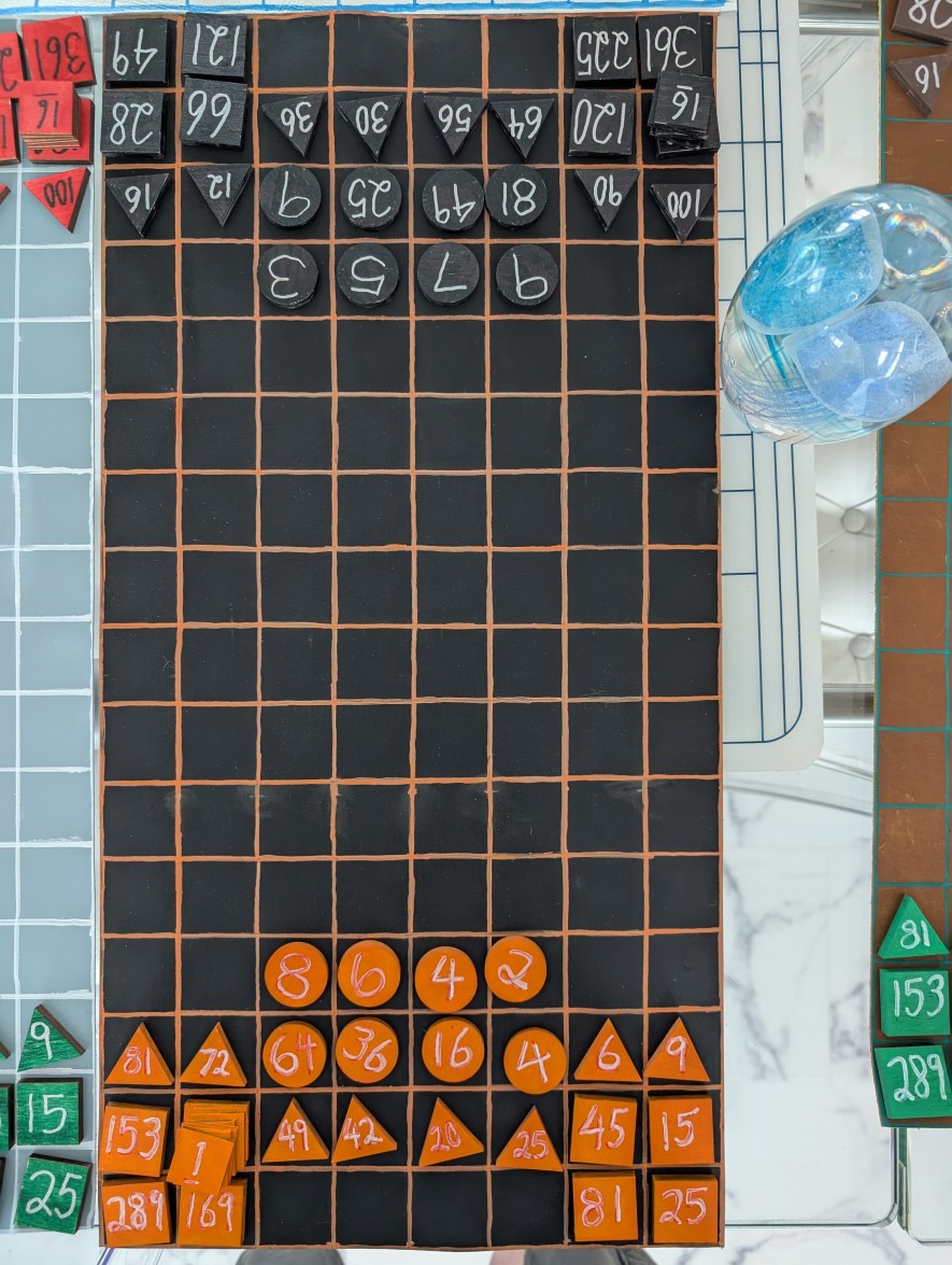 hand made rithmomachia pieces and board